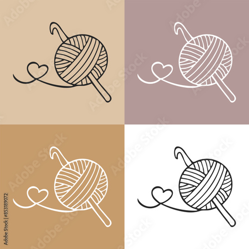 Knitting icons set, skein of yarn and hook. Hobby concept, vector