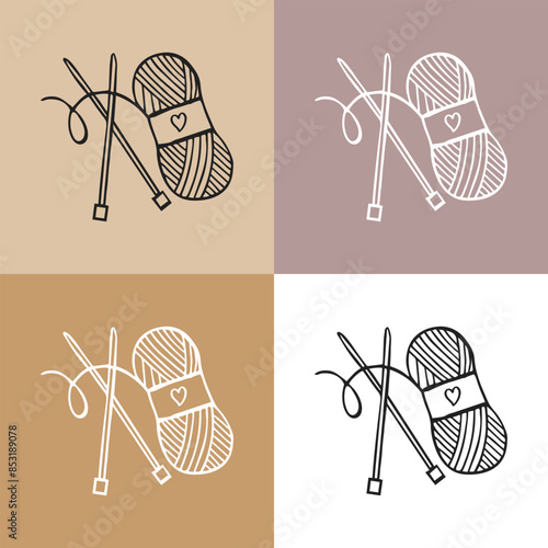 Knitting icons set, skein of yarn and knitting needles. Hobby concept, vector