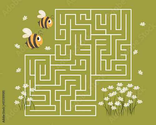 Children's educational maze with funny bees and daisies. Educational illustration for preschoolers, print, vector