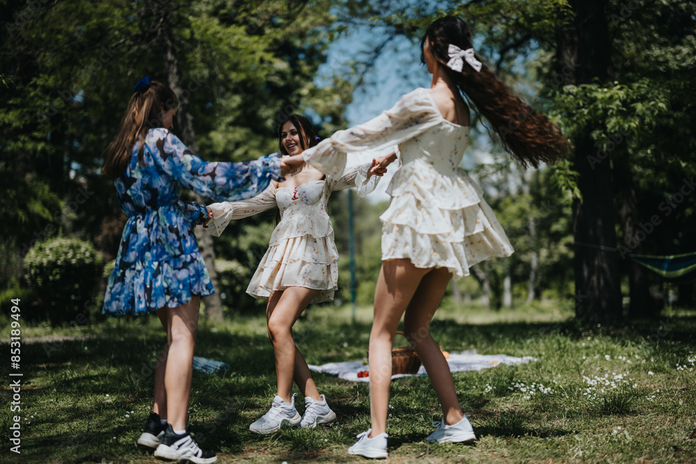 Fototapeta premium Three happy sisters engage in a playful dance outdoors, surrounded by trees in a lush park, expressing joy and togetherness.