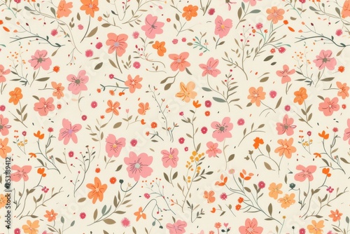 Floral pattern with pink and orange flowers, leaves, and berries on light beige background for fashion and beauty design