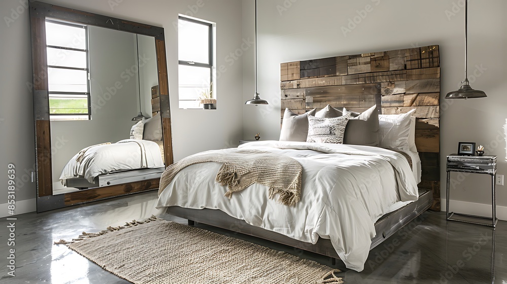 bedroom with a reclaimed wood headboard, concrete floors, and a large metal-framed mirror bedroom with a reclaimed wood headboard, concrete floors, and a large metal-framed mirror