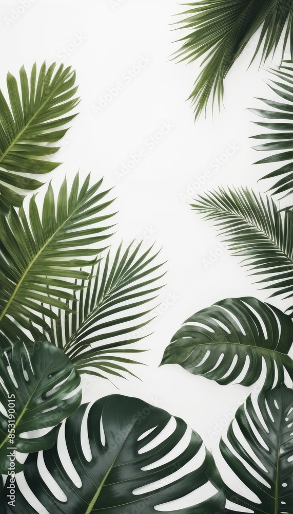 Minimalist composition of green tropical palm leaves against a clean white background, creating a serene and natural aesthetic Minimalist composition of green tropical palm leaves against a clean white background, creating a serene and natural aesthetic