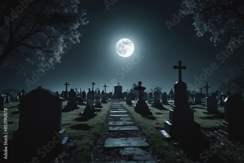 Wallpaper Mural Moonlit cemetery with shadowy gravestones and haunting atmosphere Torontodigital.ca