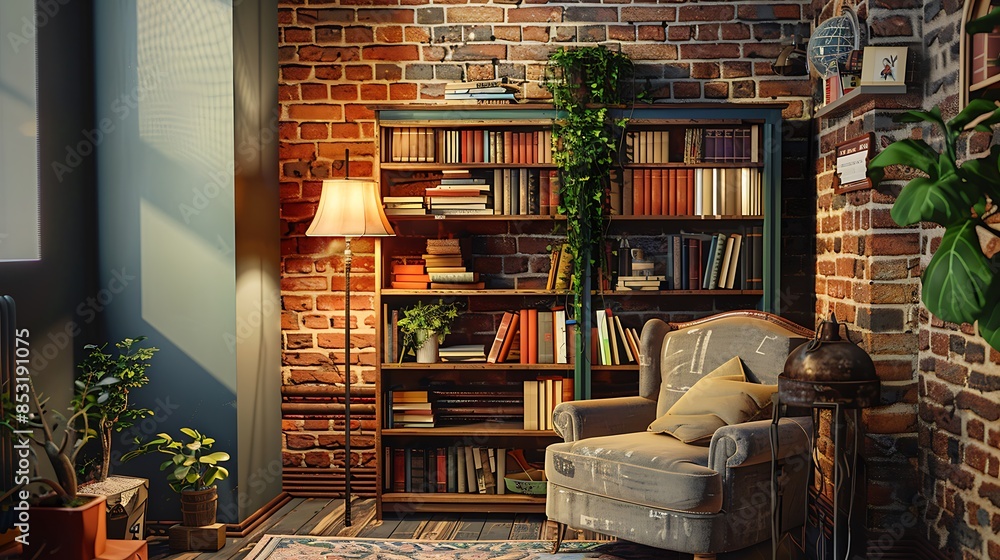 cozy reading nook with a brick accent wall, a custom-built bookcase, and a repurposed industrial lamp cozy reading nook with a brick accent wall, a custom-built bookcase, and a repurposed industrial lamp