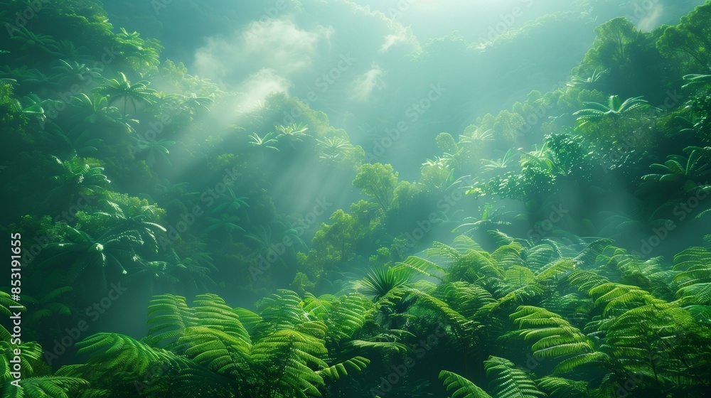 Fototapeta premium Green jungle with tall trees ferns misty atmosphere, foliage overgrown sunlight
