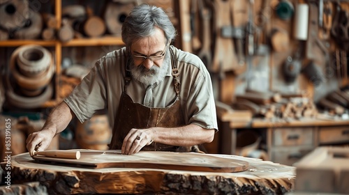 A skilled craftsman meticulously sanding a piece of wood in his workshop. © SprintZz