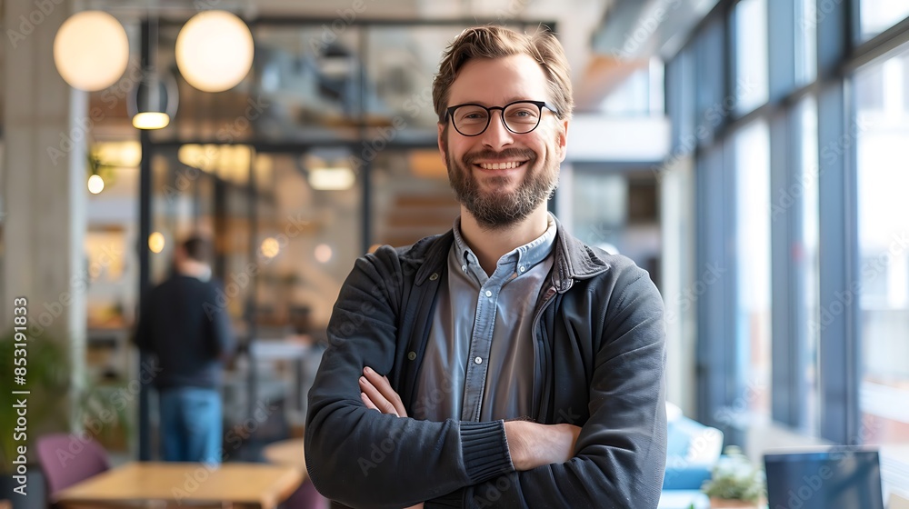 A smiling man with glasses and a beard stands with arms crossed in a modern office setting. A smiling man with glasses and a beard stands with arms crossed in a modern office setting.