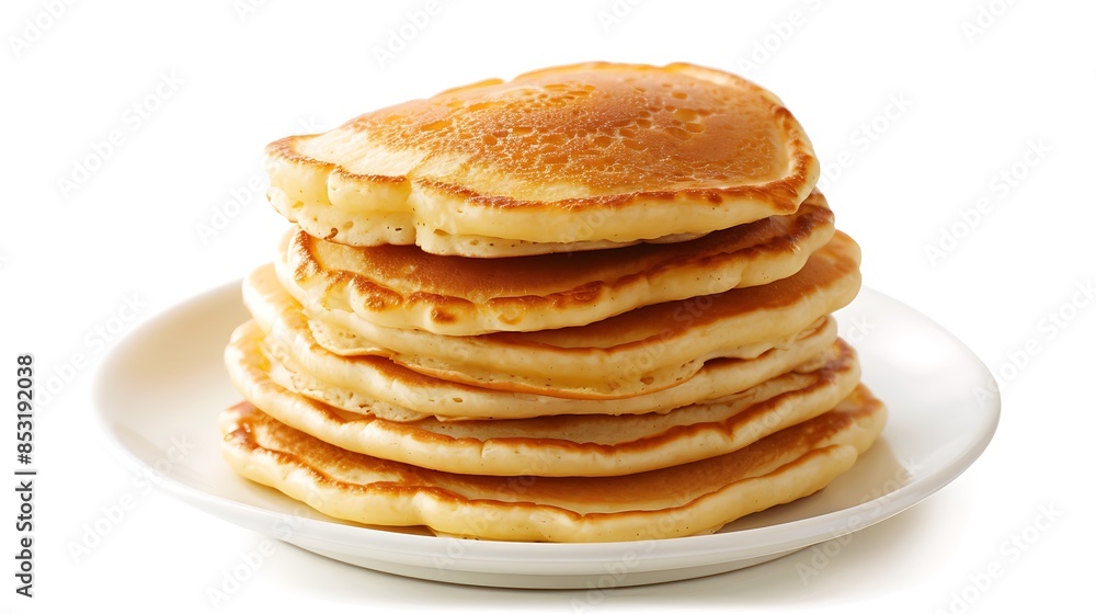 A stack of golden brown pancakes on a white plate, isolated on a white background. A stack of golden brown pancakes on a white plate, isolated on a white background.