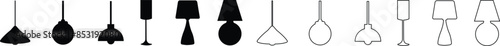 Set of lamps Related black Vector flat and Line Icons. Includes such icons as bulb, Stylish modern room lights floor lamp, lantern, light, chandelier collection isolated on transparent background.