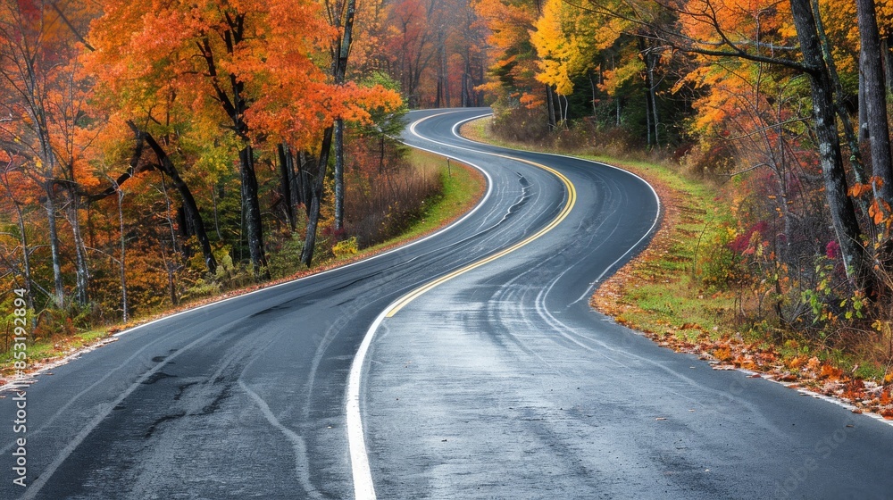 Winding Asphalt Road Through Autumn Forest Landscape Winding Asphalt Road Through Autumn Forest Landscape