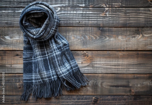 Blue Plaid Scarf Laid On Wooden Surface