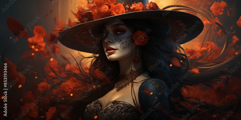 Fototapeta premium Woman in Red Flower Crown and Hat