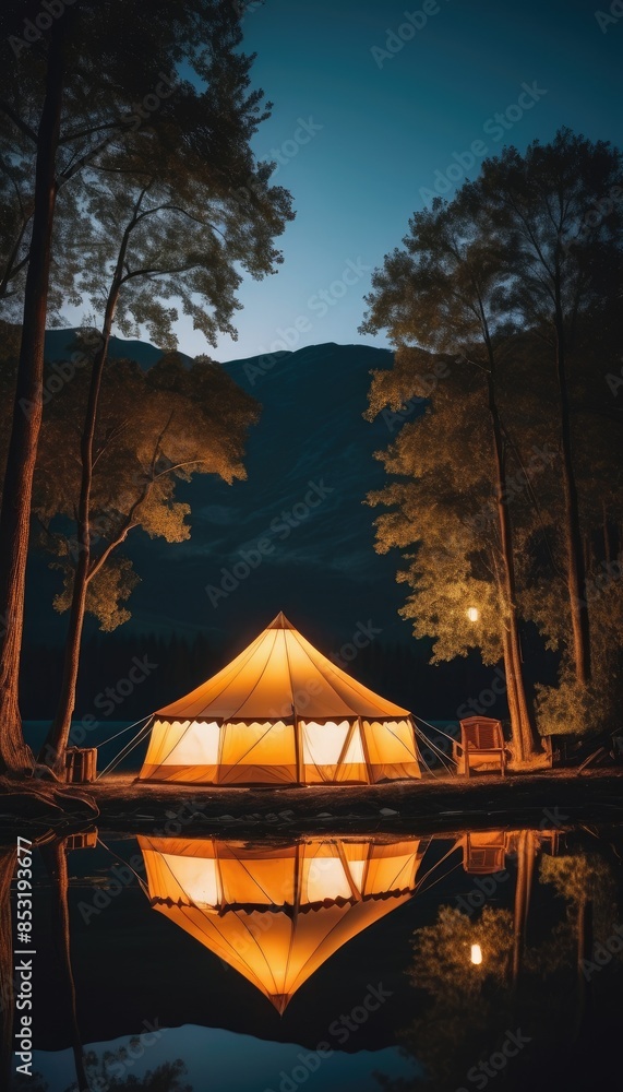 A cozy tent illuminated by warm lights, set against a serene lakeside landscape with mountains in the background, offering a perfect camping experience at dusk A cozy tent illuminated by warm lights, set against a serene lakeside landscape with mountains in the background, offering a perfect camping experience at dusk