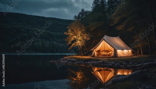 Embrace the tranquility of nature with a cozy tent glowing softly by the lake, surrounded by towering mountains, perfect for a peaceful camping getaway
