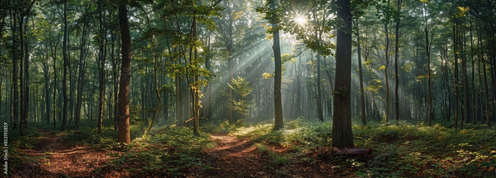 Fototapeta premium Sunbeams Illuminating a Foggy Forest Path