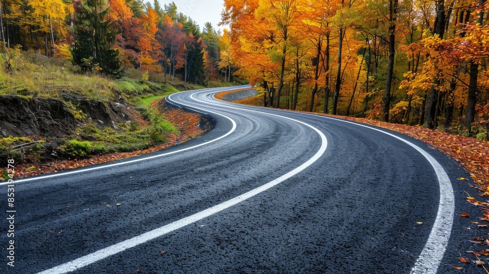 Winding Asphalt Road Through Autumn Forest Landscape Winding Asphalt Road Through Autumn Forest Landscape