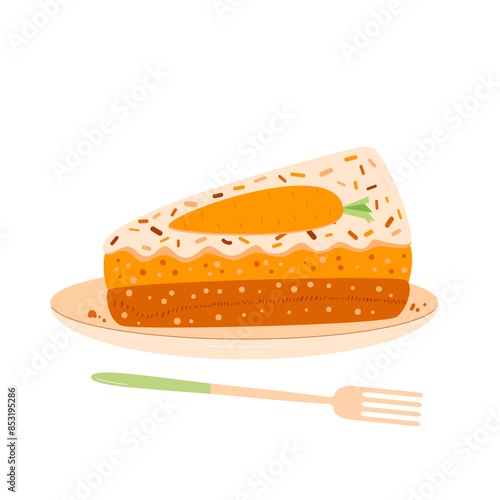 Slice of carrot cake on plate and fork. Sweet bakery piece portion. Pastry dessert with cream for breakfast. Vector pie hand drawn illustration isolated on white background.