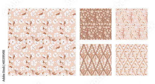 Cotton flower seamless patterns set. Branches and ripe cotton bolls endless backgrounds retro collection. Purity, innocence, and new beginnings symbols repeat covers. Vector hand drawn illustration.