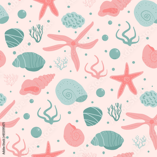 Barnacles and starfish seamless pattern. Shells and seaweed endless background. Seashell and stones repeat pastel backdrop. Vector hand drawn flat illustration.