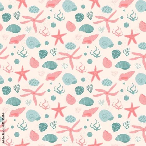 Shells and starfish seamless pattern. Barnacles and seaweed endless background. Seashell and stones repeat backdrop. Ocean sand floor. Vector hand drawn flat illustration.