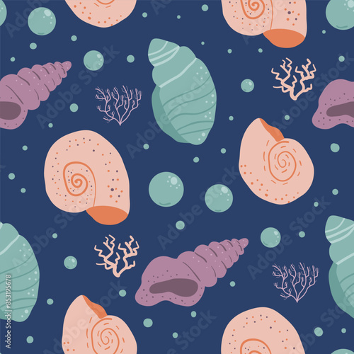 Playful marine life-inspired seamless pattern with stylized seashells and coral on a dark blue backdrop. Vector hand drawn flat illustration.