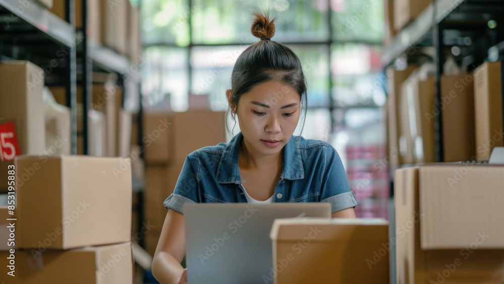 A woman is sitting on a box in a warehouse and looking at a laptop. She is focused on her work and she is in a serious mood A woman is sitting on a box in a warehouse and looking at a laptop. She is focused on her work and she is in a serious mood