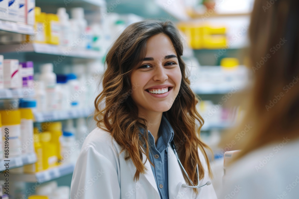 A woman in a white lab coat is smiling at the camera in a pharmacy. She is surrounded by various bottles and containers, including a bottle of pills. Concept of warmth and friendliness A woman in a white lab coat is smiling at the camera in a pharmacy. She is surrounded by various bottles and containers, including a bottle of pills. Concept of warmth and friendliness