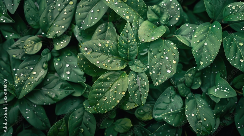 Fototapeta premium Green plants are adorned with water droplets