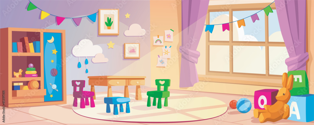 custom made wallpaper toronto digitalKindergarten interior background banner for game design. Daycare room with table, child chairs, different toys, book shelf with learning tools, window, garlands, other. Vector cartoon illustration