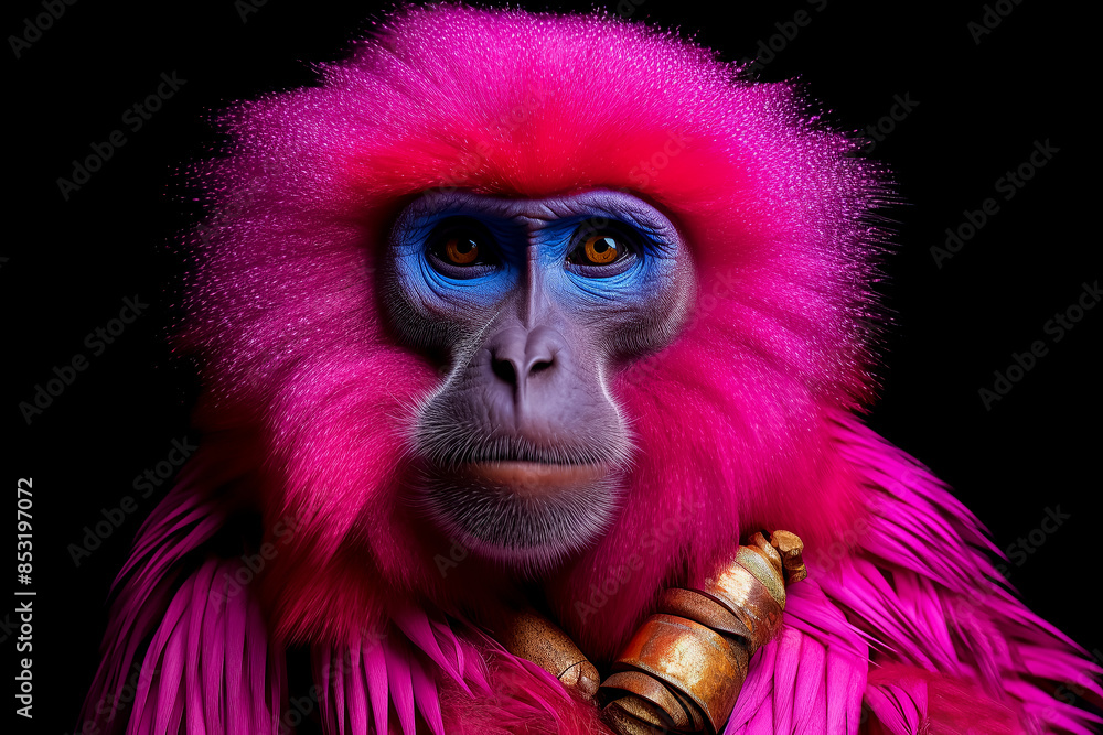 Fototapeta premium A colorful monkey with blue and yellow paint on its face.