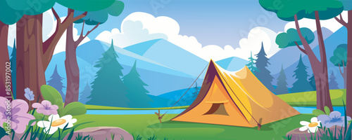 Camping tent in summer forest background banner for game design. Backpacking campground at meadow with wildflowers at morning time near lake in wood with mountains view. Vector cartoon illustration