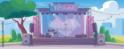 Festival music stage background banner for game design. Open air musical concert equipment with instrument on scene, spotlights, amplifiers, garlands at day cityscape view. Vector cartoon illustration