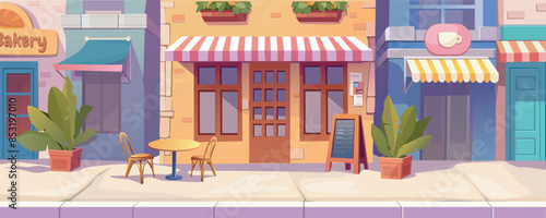 City street cafe background banner for game design. Small business cityscape with outdoor chairs and table of restaurant by cafeteria and bakery, shop entrance in building. Vector cartoon illustration