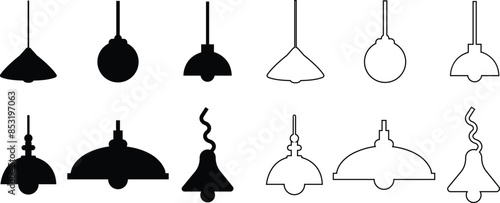 Set of lamps Related black Vector flat and Line Icons. Includes such icons as bulb, Stylish modern room lights floor lamp, lantern, light, chandelier collection isolated on transparent background.