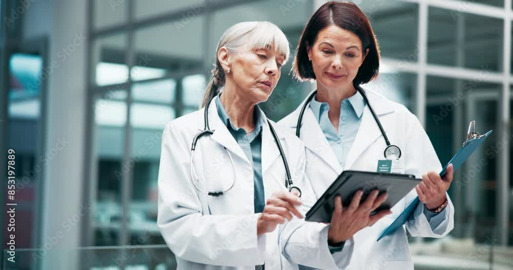 Advice, doctors and healthcare with women in hospital for consulting or discussion together. Documents, medical and tablet for insurance with mature medicine professional team talking in clinic Advice, doctors and healthcare with women in hospital for consulting or discussion together. Documents, medical and tablet for insurance with mature medicine professional team talking in clinic