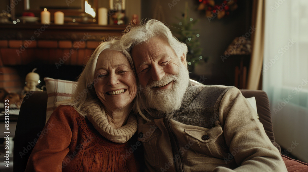 Fototapeta premium Wonderful sincere cheerful couple of gray haired mature smiling people. Today's active retirees are enjoying life. A man with a gray beard.