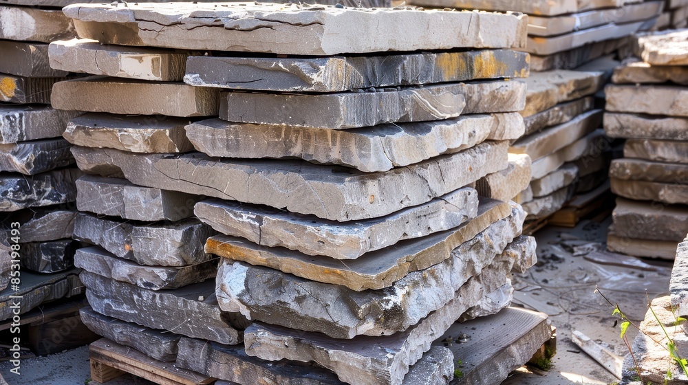 Organised pile of stone slabs ready for use in construction or landscaping, set against a backdrop of lush greenery. Ideal for illustrating building material supplies and outdoor decor. Organised pile of stone slabs ready for use in construction or landscaping, set against a backdrop of lush greenery. Ideal for illustrating building material supplies and outdoor decor.