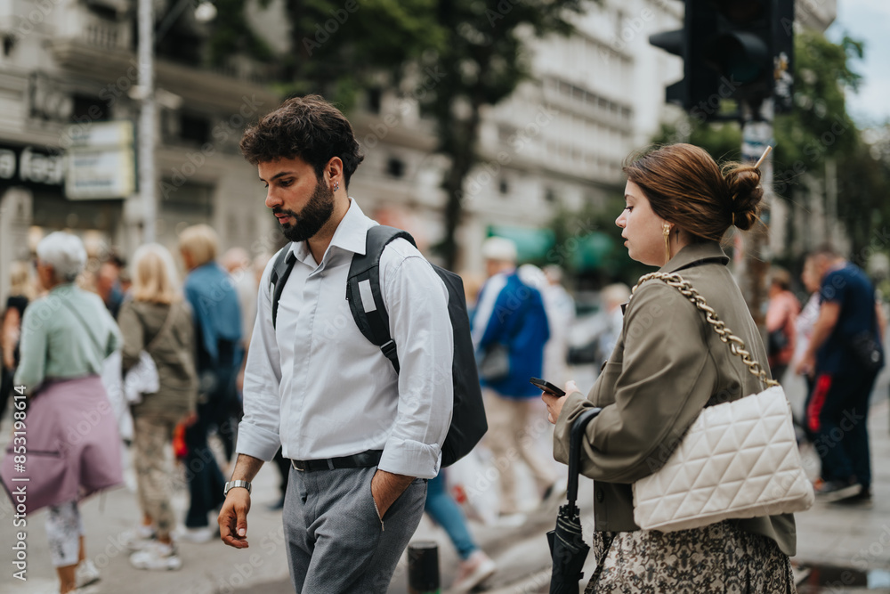 Two business professionals walking outdoors in an urban environment, engaged in serious conversation. Busy street scene with people in the background. Two business professionals walking outdoors in an urban environment, engaged in serious conversation. Busy street scene with people in the background.