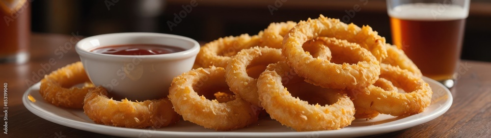 A close-up shot of crispy, golden onion rings stacked on a plate, accompanied by small bowls of dipping sauces, set in a warm, ambient dining setting. A close-up shot of crispy, golden onion rings stacked on a plate, accompanied by small bowls of dipping sauces, set in a warm, ambient dining setting.
