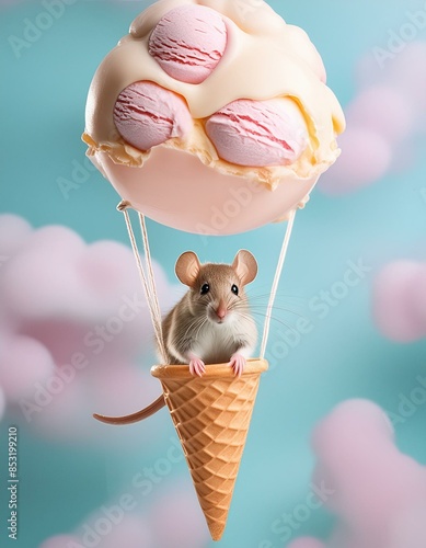 Wallpaper Mural A surrealistic picture with a cute mouse flying on a hot air balloon made of ice cream. Can be used for postcards, invitations, social media in connection to birthdays or tourism Torontodigital.ca