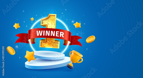 Win 1 place celebrating 3d vector illustration. Number one on pedestal champion banner. Winner first number on podium with red ribbon, goblet, stars on blue background