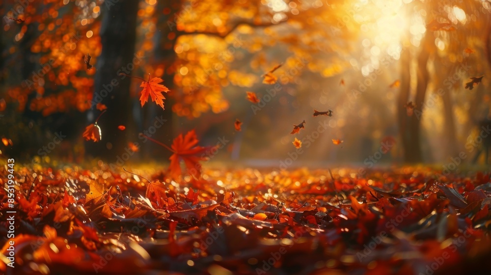 Autumn leaves falling in a sunlit forest. Warm golden light filters through trees. Beautiful seasonal scene capturing nature's fall colors. Autumn leaves falling in a sunlit forest. Warm golden light filters through trees. Beautiful seasonal scene capturing nature's fall colors.