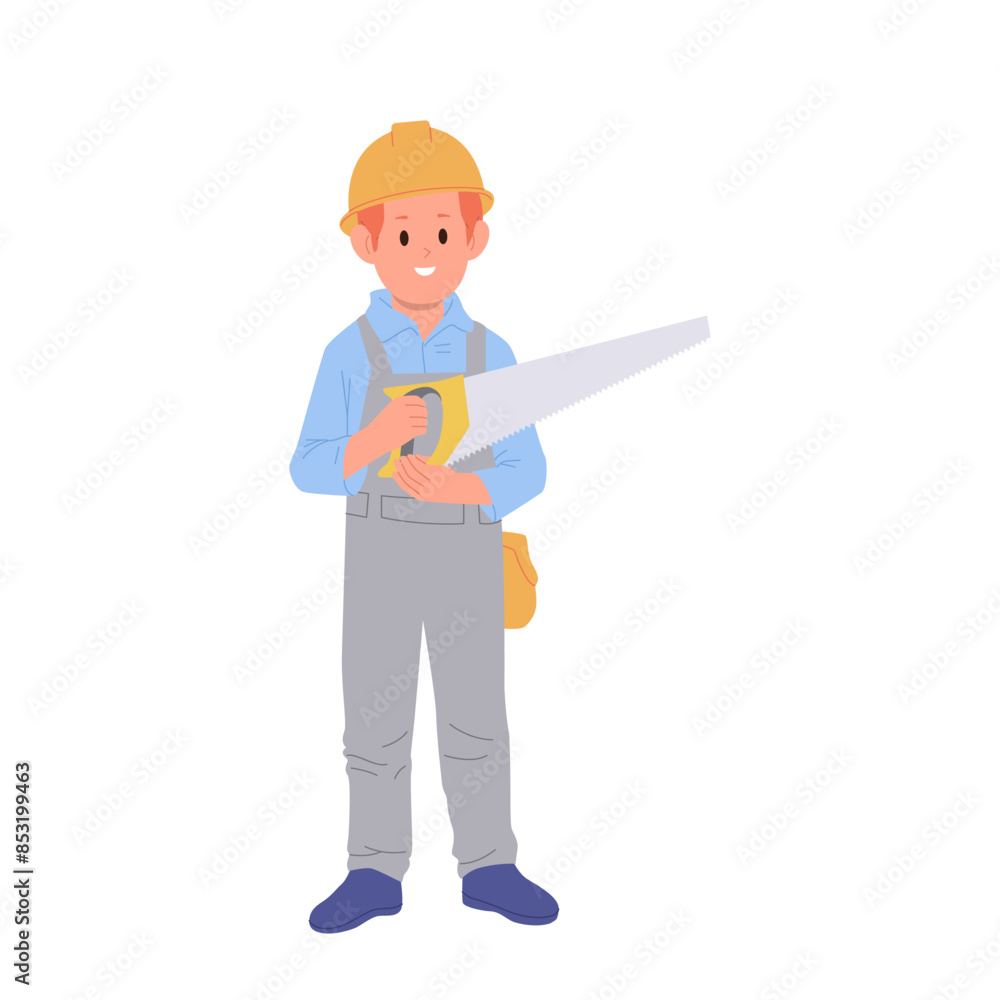 Cute boy child carpenter cartoon character holding manual saw isolated on white background Cute boy child carpenter cartoon character holding manual saw isolated on white background