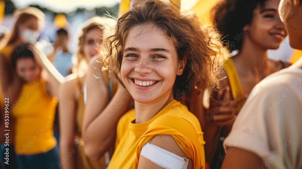 Smiling girl in yellow shirt amidst group of friends outdoors. Happy youth enjoying sunny day. Carefree moments and positive vibes. Smiling girl in yellow shirt amidst group of friends outdoors. Happy youth enjoying sunny day. Carefree moments and positive vibes.