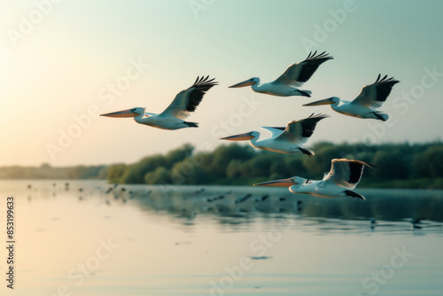 A flock of pelicans fly over a body of water. The birds are in formation, with one bird leading the way. The scene is peaceful and serene, with the birds soaring through the sky and the water below