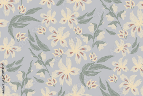 Vintage Floral pattern seamless embroidery white flowers on light blue background. Ikat ethnic texture gladiolus flower ditsy motif vector illustration vintage design Europe style.