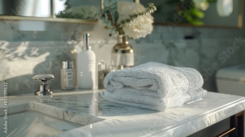 Elegant bathroom with clean white towels and marble counter, creating a serene and luxurious atmosphere. Ideal for spa, relaxation, and interior decor.