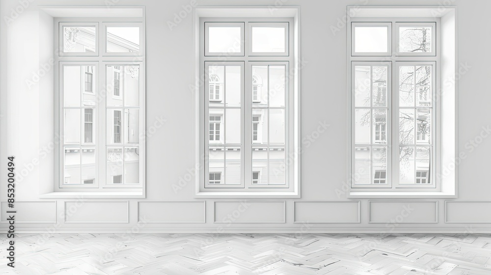 Three windows on a white wall in an empty room with soft shadow and sunlight. White interior design. minimal concept, studio shot. Three windows on a white wall in an empty room with soft shadow and sunlight. White interior design. minimal concept, studio shot.