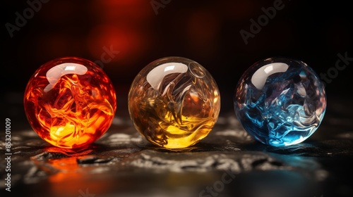 Wallpaper Mural Three vibrant glass spheres in red, orange, and blue on a textured surface Torontodigital.ca